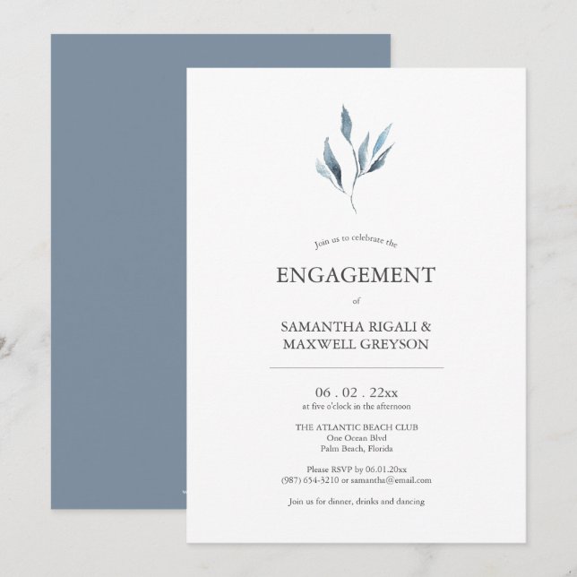 Dusty Blue Botanicals Engagement Party Invitations (Front/Back)