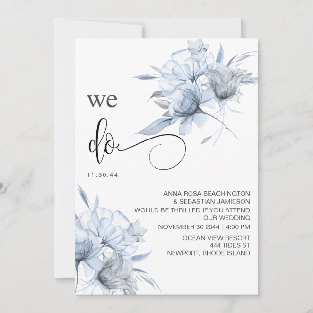 *~* Dusty Blue Bouqet Floral RSVP QR  AR15 WEDDING Invitation (Front)