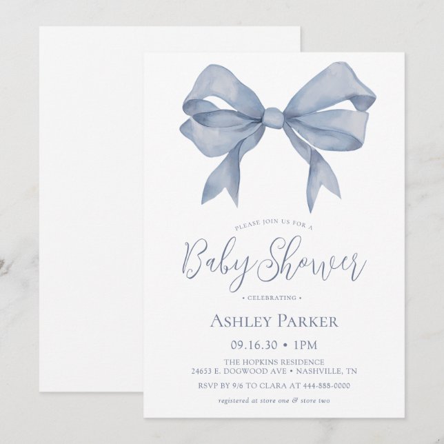 Dusty Blue Bow Boy Baby Shower Invitation (Front/Back)