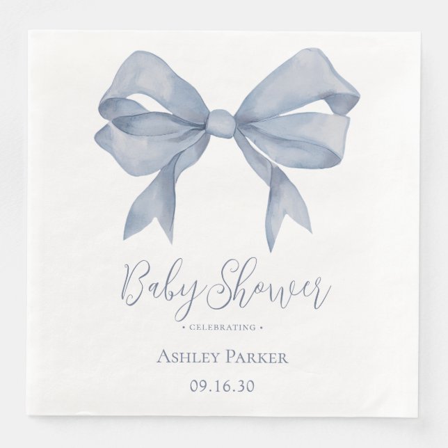 Dusty Blue Bow Boy Baby Shower Napkin (Front)