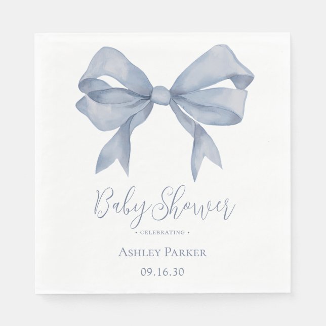 Dusty Blue Bow Boy Baby Shower Napkin (Front)