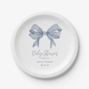 Dusty Blue Bow Boy Baby Shower Paper Plate