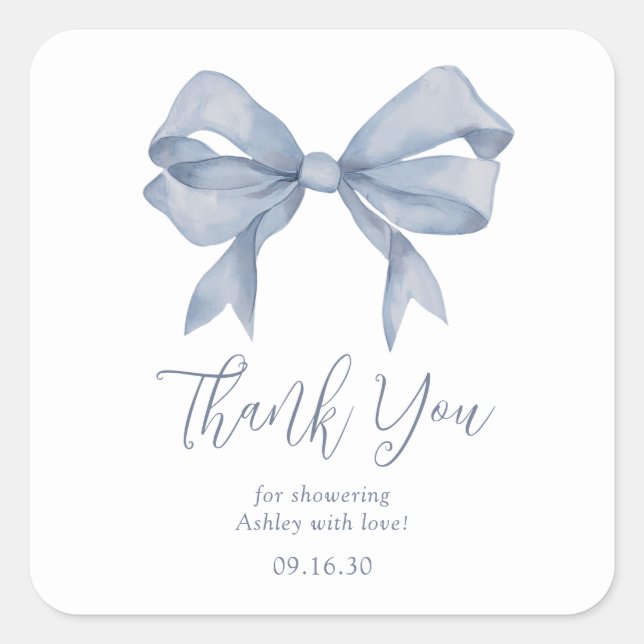 Dusty Blue Bow Boy Baby Shower Thank You Square Sticker (Front)