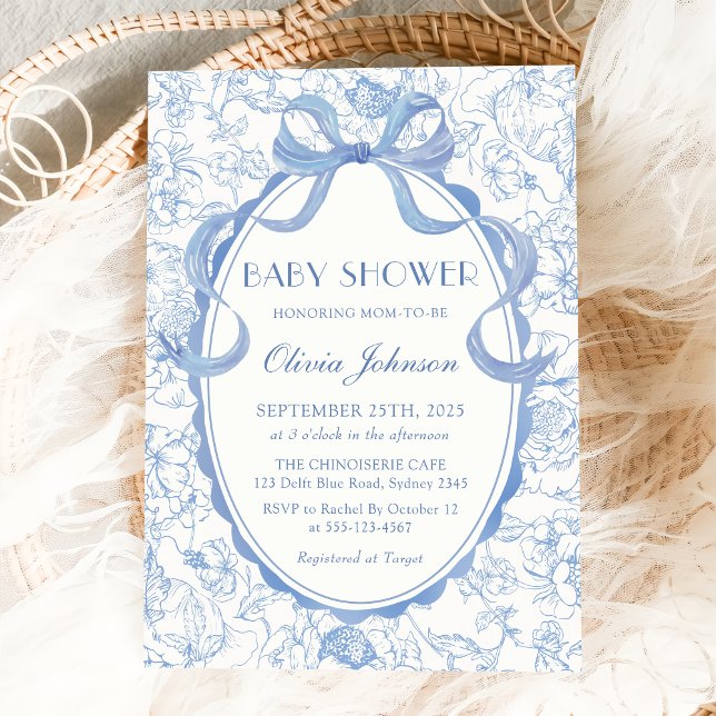 Dusty Blue Bow Chinoiserie Floral Baby Shower Invitation (Creator Uploaded)