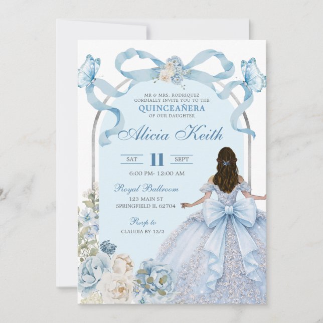 Dusty Blue Bow Coquette Butterfly Silver Quinceane Invitation (Front)