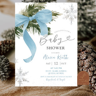 Dusty Blue Bow Coquette Winter Baby Shower Invitation