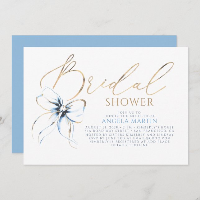 Dusty Blue Bow Elegant Romantic Bridal Shower Invitation (Front/Back)