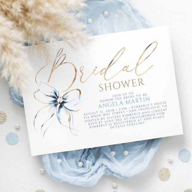 Dusty Blue Bow Elegant Romantic Bridal Shower Invitation (Dusty Blue Bridal Shower Invitation Elegant Romantic Whimsical Chic)