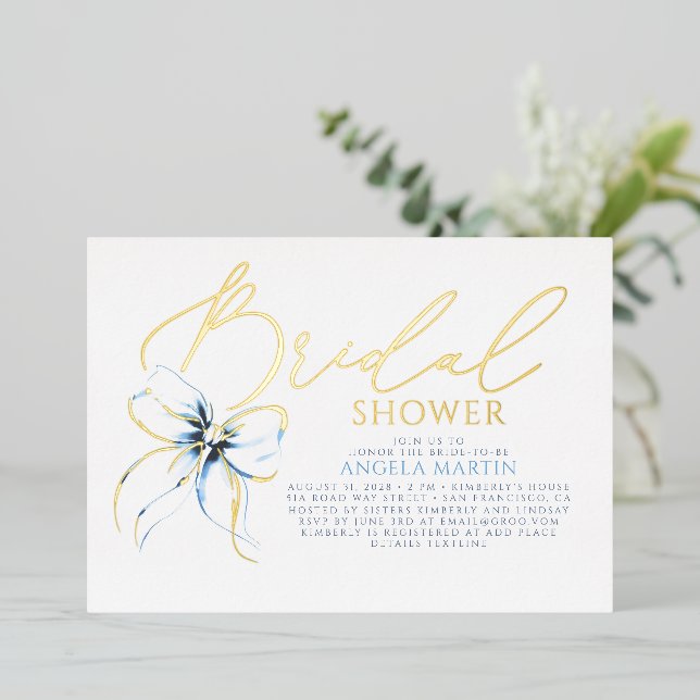 Dusty Blue Bow Elegant Script Modern Bridal Shower (Standing Front)