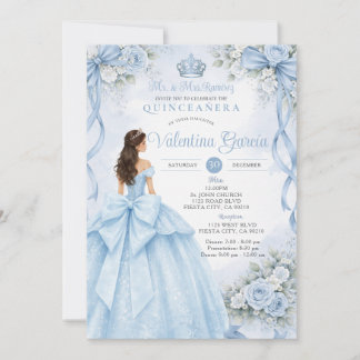 Dusty Blue Bow Floral Quinceañera Invitation