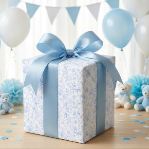 Dusty Blue Bow Floral Vintage Boy Baby Shower Wrapping Paper