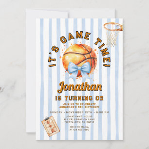 Dusty Blue Bow Girl Basketball Game Time Birthday Invitation