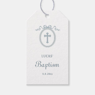 Dusty Blue Bow Greek Frame Baptism Gift Tags