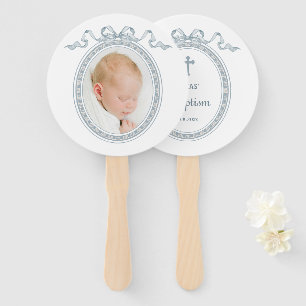 Dusty Blue Bow Greek Frame Baptism Hand Fan