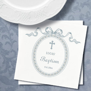 Dusty Blue Bow Greek Frame Baptism Napkin