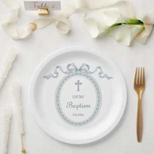Dusty Blue Bow Greek Frame Baptism Paper Plate