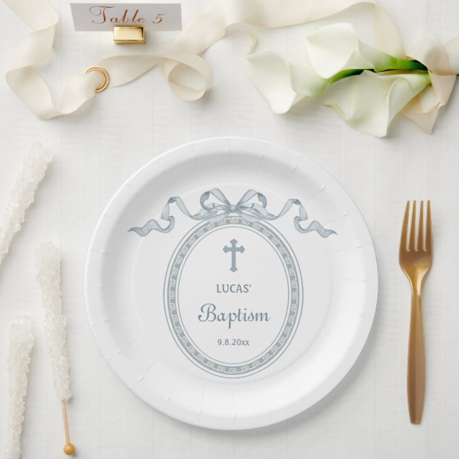 Dusty Blue Bow Greek Frame Baptism Paper Plate (Wedding)