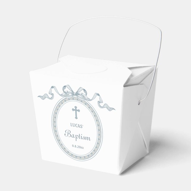 Dusty Blue Bow Greek Frame Baptism Take Out Favour Box (Front Side)