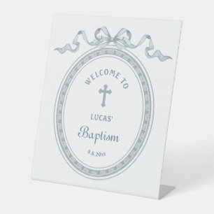 Dusty Blue Bow Greek Frame Baptism Welcome Pedestal Sign