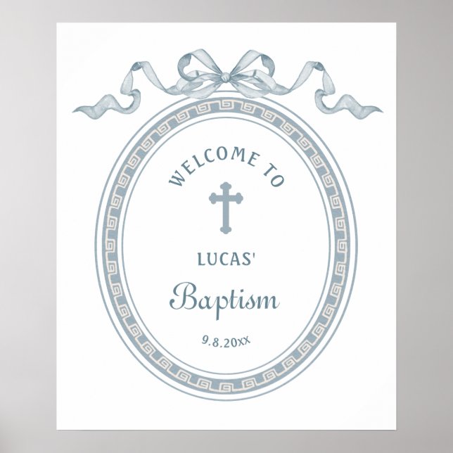 Dusty Blue Bow Greek Frame Baptism Welcome Poster (Front)