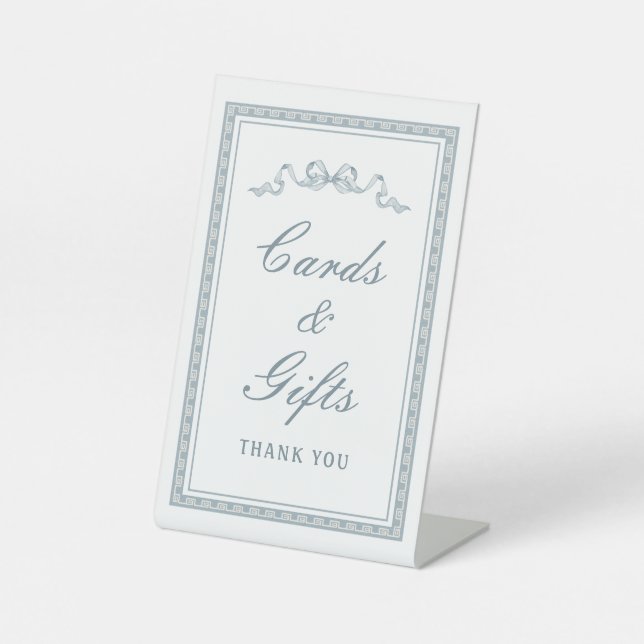 Dusty Blue Bow Greek Frame Cards & Gifts Pedestal Sign (Front)