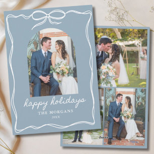 Dusty Blue Bow Happy Holidays Rustic Just Married Holiday Card