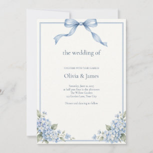 Dusty Blue Bow Hydrangea Wedding Invitation