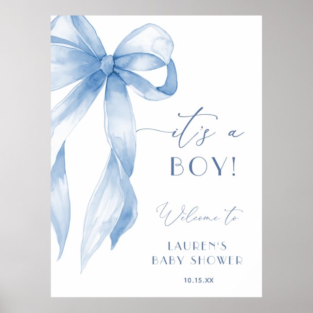Dusty Blue Bow Its A Boy Baby Shower Welcome Sign (Front)