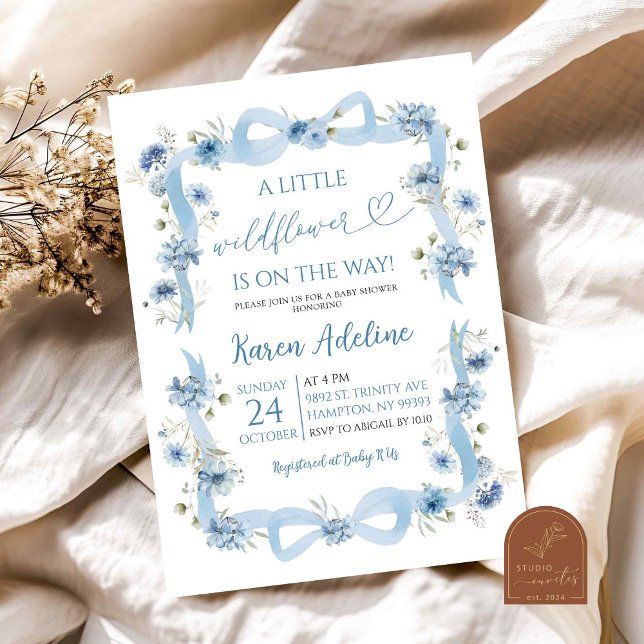 Dusty Blue Bow Little Wildflower Baby Shower Invitation (Creator Uploaded)