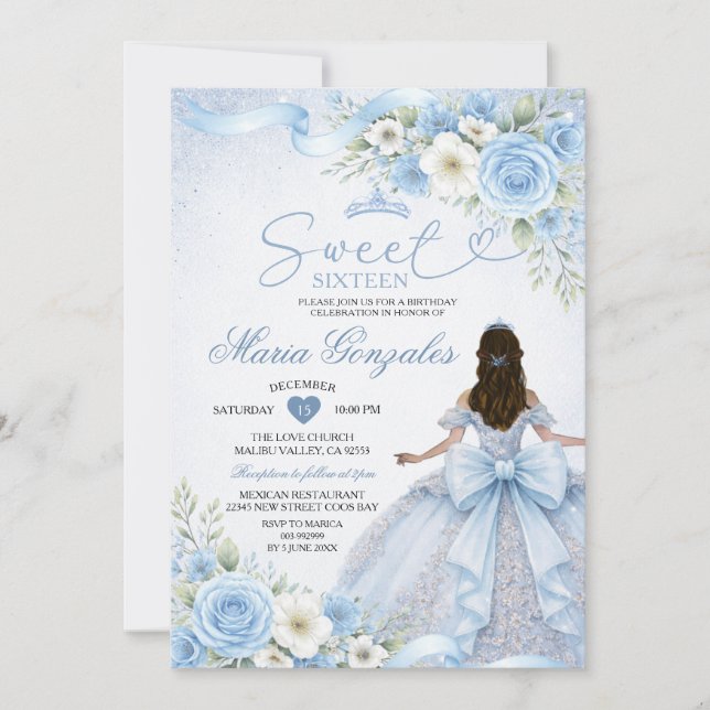 Dusty Blue Bow Princess Floral Crown Sweet Sixteen Invitation (Front)