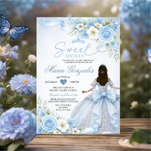 Dusty Blue Bow Princess Floral Crown Sweet Sixteen Invitation