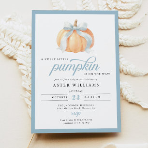 Dusty Blue Bow Pumpkin Baby Boy Shower Invitation