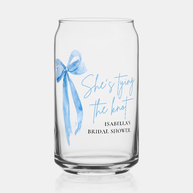Dusty Blue Bow She's Tying the Knot Bridal Shower  Can Glass (Front)