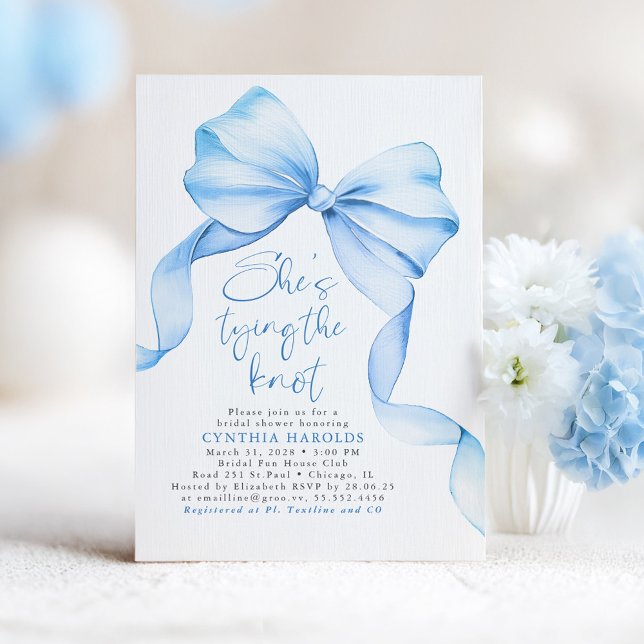 Dusty Blue Bow She's Tying the Knot Bridal Shower Invitation (Blue Bow Bridal Shower Invitation She's Tying The Knot)