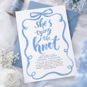 Dusty Blue Bow She's Tying The Knot Bridal Shower Invitation