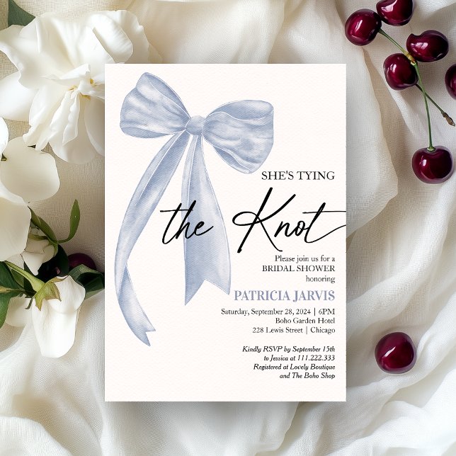 Dusty Blue Bow She's Tying the Knot Bridal Shower Invitation (Creator Uploaded)