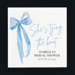 Dusty Blue Bow She's Tying the Knot Bridal Shower  Napkin<br><div class="desc">Complete your bridal shower decor with our elegant Dusty Blue Bow She's Tying the Knot napkins. These exquisite napkins feature a delicate dusty blue bow design complemented by graceful script that reads "She's Tying the Knot." Perfectly sized for cocktails, appetizers, or desserts, these napkins add a sophisticated touch to your...</div>
