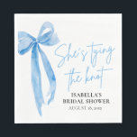 Dusty Blue Bow She's Tying the Knot Bridal Shower  Napkin<br><div class="desc">Complete your bridal shower decor with our elegant Dusty Blue Bow She's Tying the Knot napkins. These exquisite napkins feature a delicate dusty blue bow design complemented by graceful script that reads "She's Tying the Knot." Perfectly sized for cocktails, appetizers, or desserts, these napkins add a sophisticated touch to your...</div>