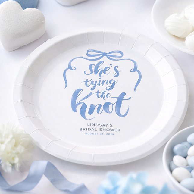 Dusty Blue Bow She's Tying the Knot Bridal Shower Paper Plate (Dusty Blue Bow Bridal Shower Paper Plates for Whimsical Celebration)