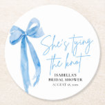 Dusty Blue Bow She's Tying the Knot Bridal Shower Round Paper Coaster<br><div class="desc">Elevate your bridal shower with our charming Dusty Blue Bow "She's Tying the Knot" round paper coasters. Featuring a delicate dusty blue bow and an elegant design, these coasters are perfect for adding a touch of sophistication to your event. Made from high-quality paper, they are both durable and stylish, ensuring...</div>