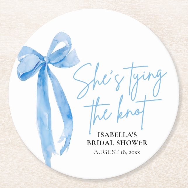 Dusty Blue Bow She's Tying the Knot Bridal Shower Round Paper Coaster (Front)