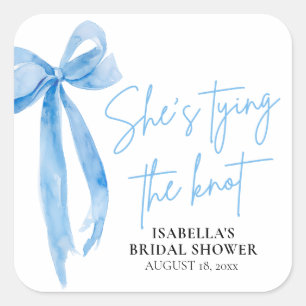 Dusty Blue Bow She's Tying the Knot Bridal Shower Square Sticker