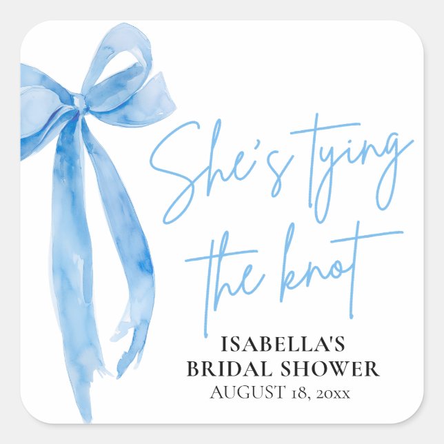 Dusty Blue Bow She's Tying the Knot Bridal Shower Square Sticker (Front)