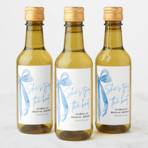 Dusty Blue Bow She's Tying the Knot Bridal Shower  Wine Label