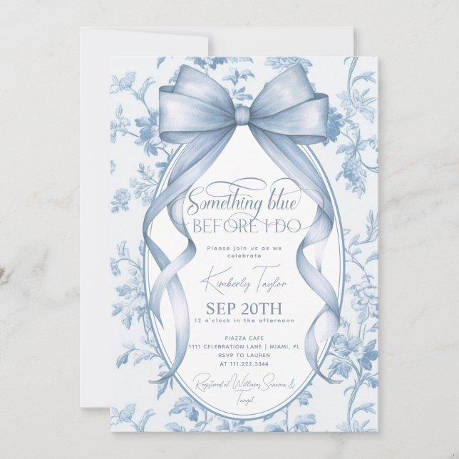 Dusty Blue Bow Toile Something Blue Bridal Shower Invitation (Front)