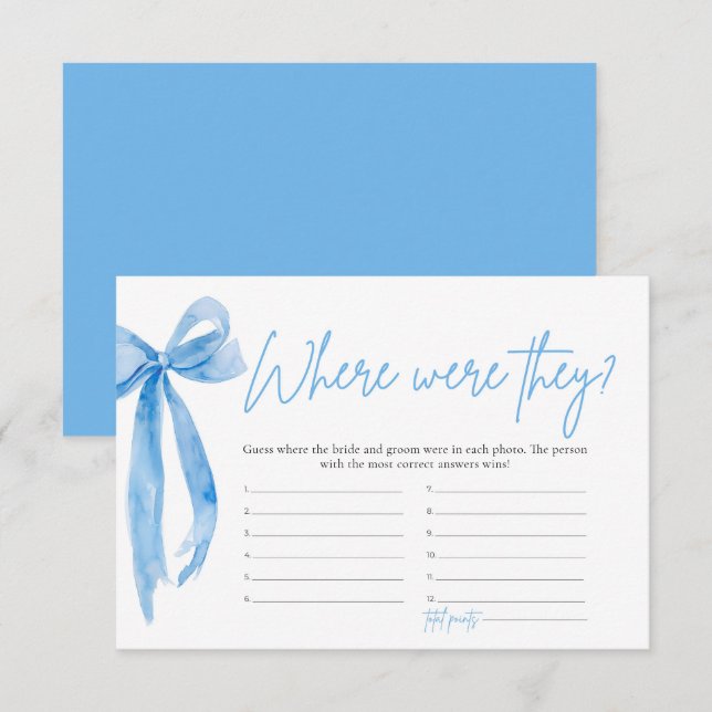 Dusty Blue Bow Where Were They Bridal Shower Game Invitation (Front/Back)