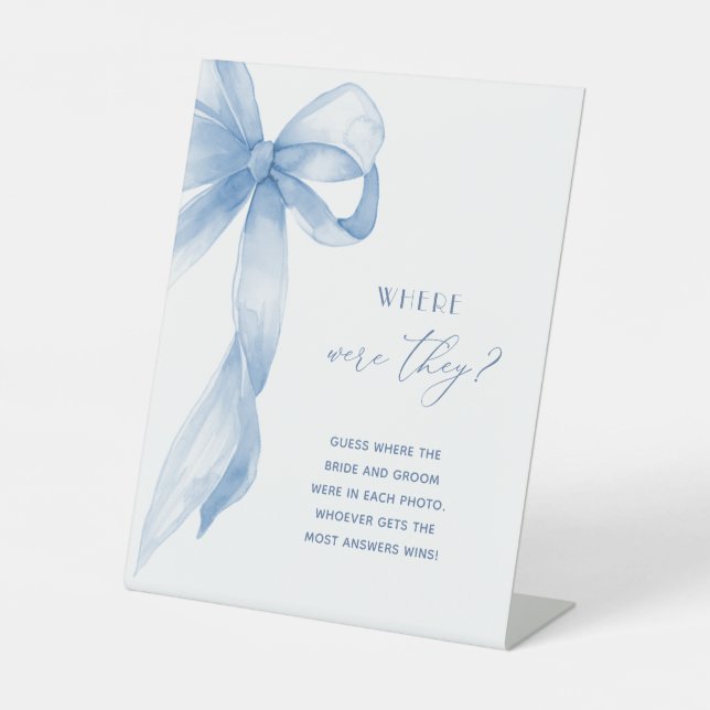 Dusty Blue Bow Where Were They Bridal Shower Pedestal Sign (Front)