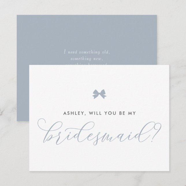 Dusty Blue Bow Will You Be My Bridesmaid Card (Front/Back)