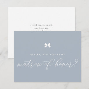Dusty Blue Bow Will You Be My Matron of Honor Card