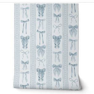 Dusty Blue Bows and Lace with Vertical Stripes Wallpaper